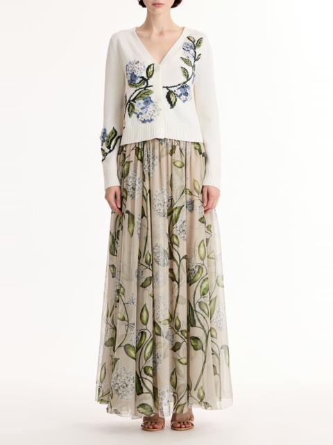 Oscar de la Renta Porcelain Flower V Neck Cardigan