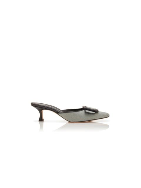 Light Green and Black Wool Buckle Detail Mules