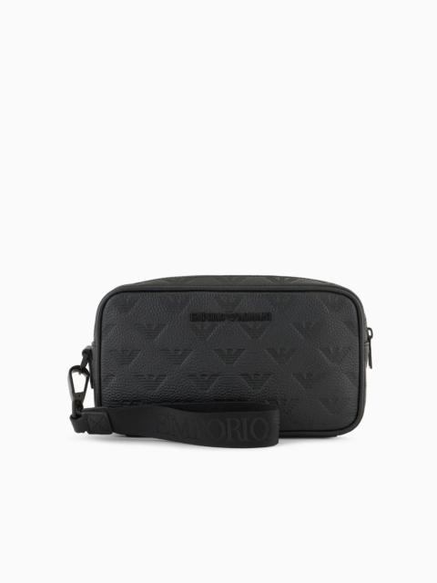 EMPORIO ARMANI Leather washbag with all-over embossed eagle