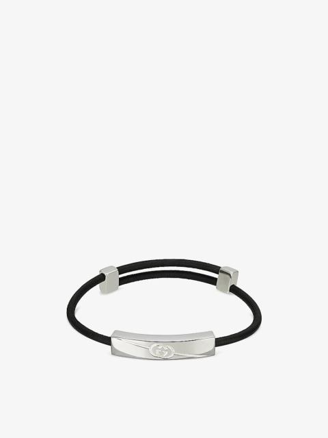 Diagonal engraved-interlocking G sterling silver and leather bracelet