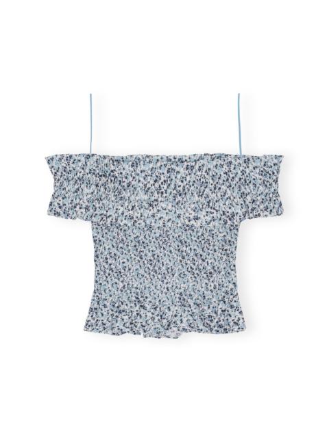 BLUE FLORAL PRINTED COTTON OFF-SHOULDER SMOCK TOP