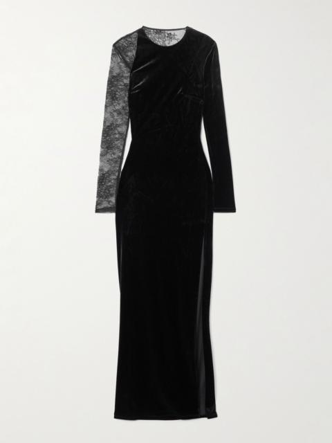 self-portrait Lace-paneled velvet maxi dress Black
