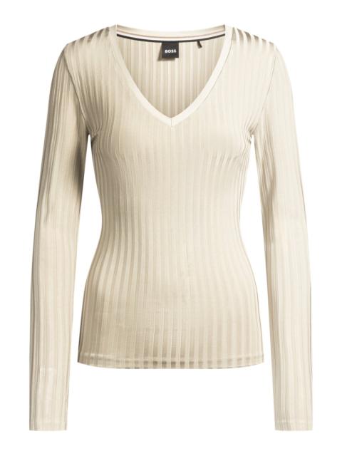 BOSS LONG-SLEEVED V-NECK TOP IN LUSTROUS RIBBED JERSEY
