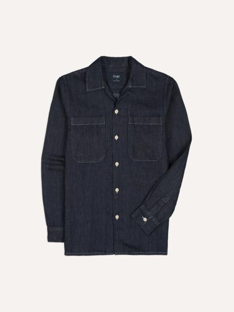Drake's Navy Cotton-Hemp Denim Camp Collar Work Shirt