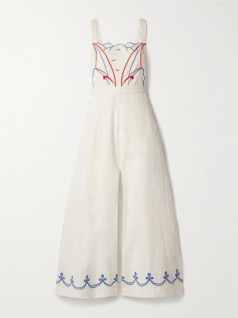 BODE Embroidered cotton and linen-blend jumpsuit Cream