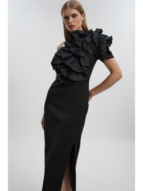 KAREN MILLEN Compact Stretch Taffeta Ruffle One Shoulder Midi Dress