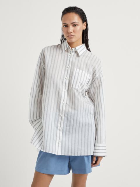 Brunello Cucinelli Cotton and silk textured stripe gauze shirt with shiny tab