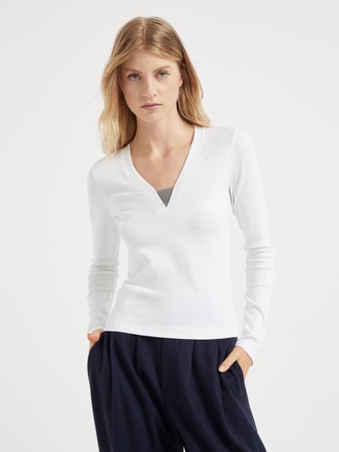 Stretch cotton ribbed jersey T-shirt with precious insert