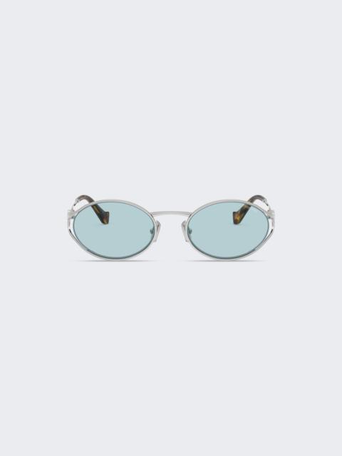 Miu Miu Metal Oval Sunglasses Silver And Celeste Blue Lenses