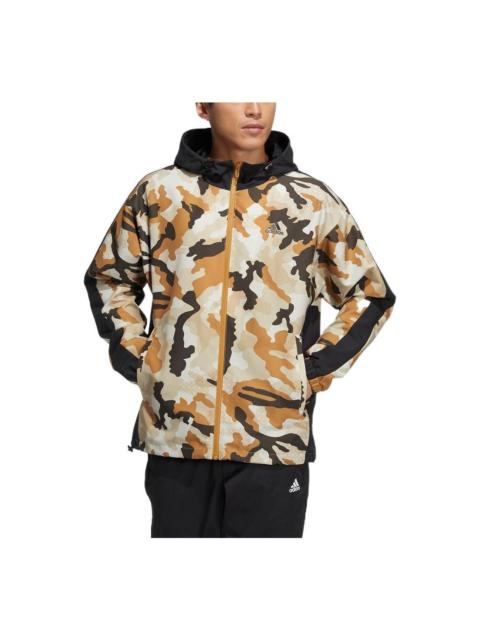 Men's adidas Camouflage Adjustable Hooded Sports Gym Jacket Brown HE7451