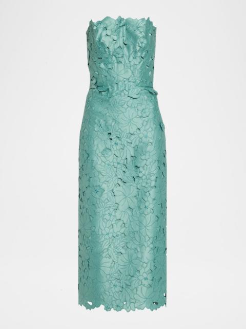 COSTARELLOS Astelle Strapless Floral-Cut Lace Midi Pencil Dress