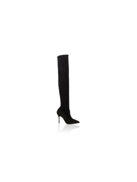 Manolo Blahnik Black Suede Fitted Thigh High Boots
