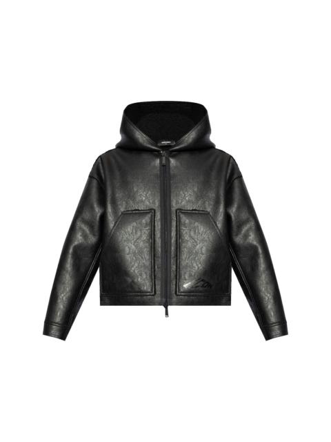 hooded faux-leather jacket