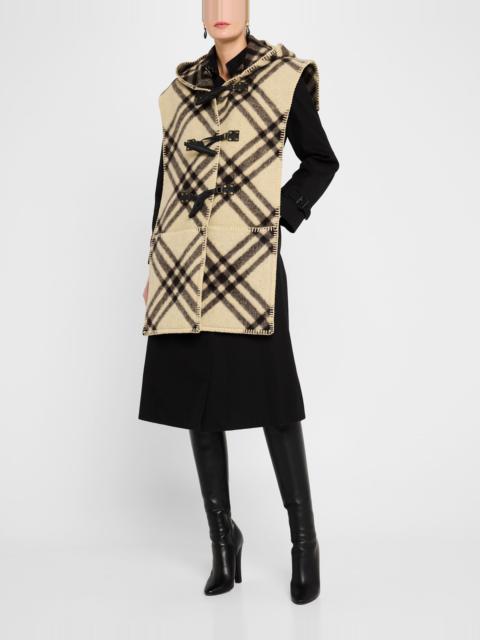 Calf Leather Check-Print Hooded Cape