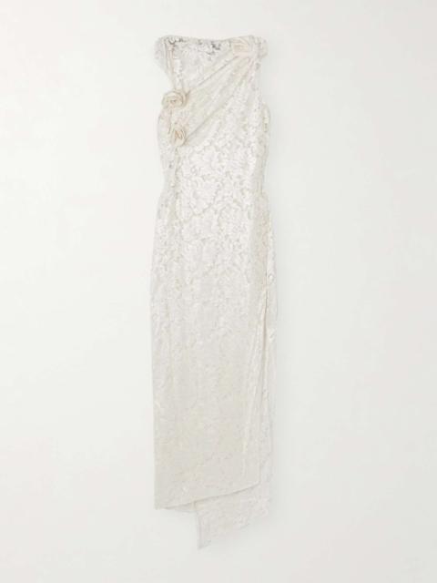 Asymmetric draped appliquéd lace gown