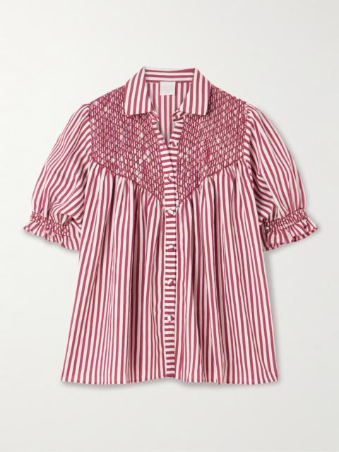LORETTA CAPONI Milvia Smocked Striped Satin Blouse