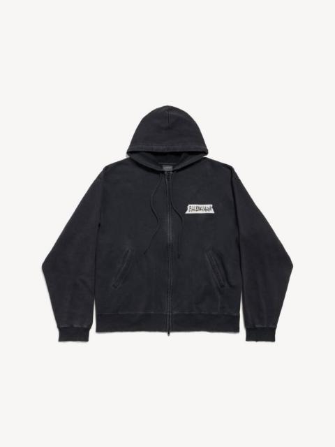 BALENCIAGA Men's Masking Tape Oversized Zip-up Hoodie in Faded Black