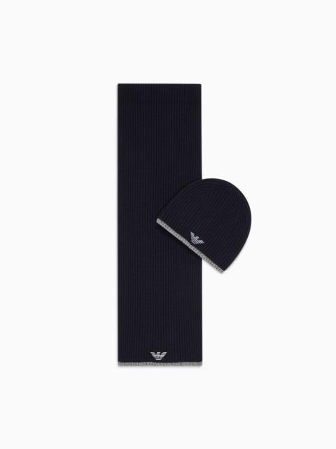 EMPORIO ARMANI Hat and scarf set with embroidered eagle
