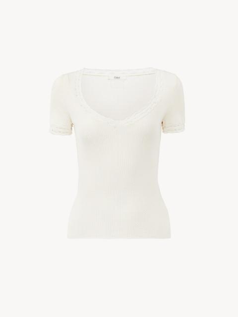 Chloé SCOOP-NECK FITTED TOP IN A WOOL KNIT & LACE