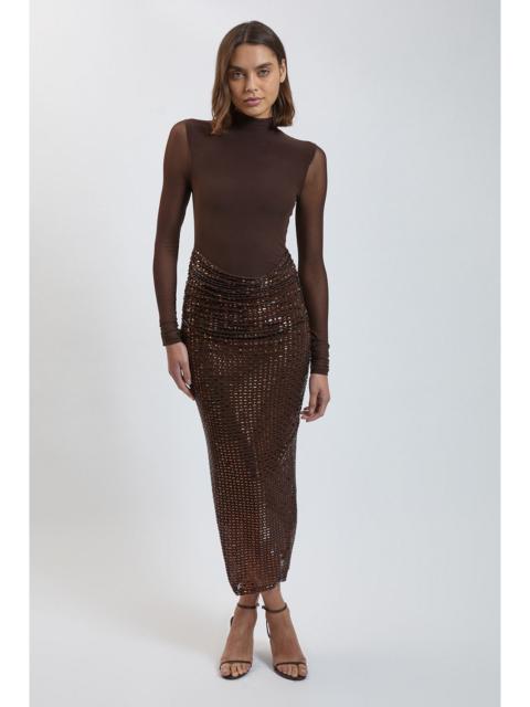 KAREN MILLEN Petite Premium Crystal Embellished Jersey Cowl Skirt Detail Maxi Dress With Mesh Body