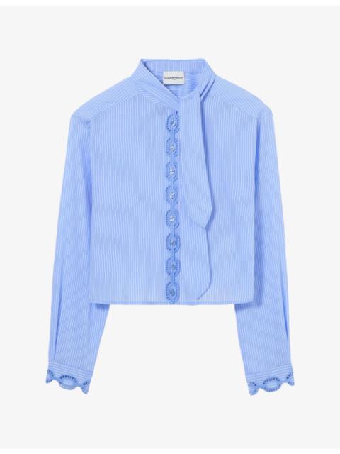 Claudie Pierlot Striped Tie-Neck Cotton-Blend Shirt