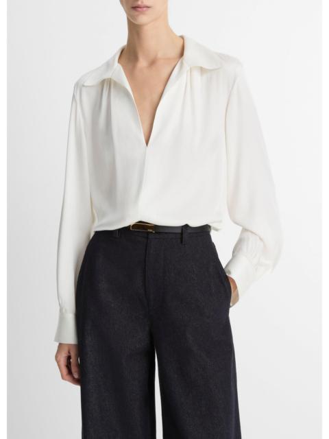 Vince Smocked Silk-Blend Long-Sleeve Blouse
