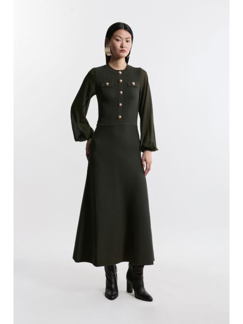 KAREN MILLEN Tall Viscose Blend Maxi Knit Dress With Chiffon Sleeve Military Trim