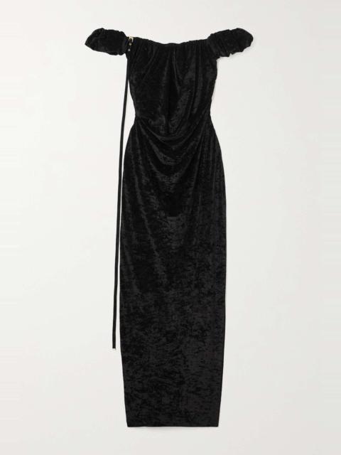 Off-the-shoulder embellished stretch-velour gown