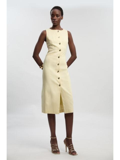KAREN MILLEN Tailored Linen Statement Button Front Pencil Midi Dress