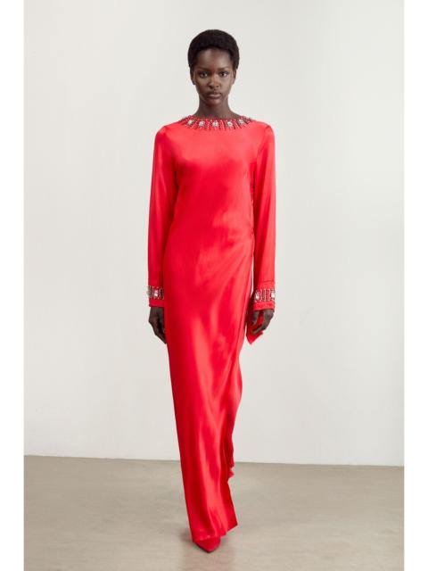 KAREN MILLEN Crystal Embellished Raw Edge Satin Wrap Maxi Dress