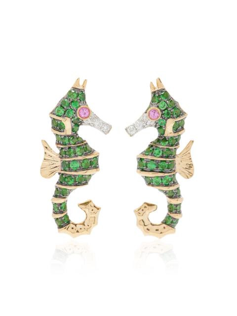 Yvonne Léon Seahorse 18K Gold Multi-Stone Earrings green