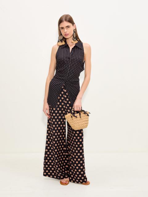 SIMONMILLER Loch Sleeveless Crepe Button Up In Black/Tan Polka Dot