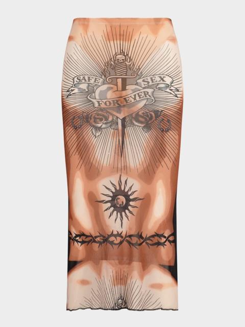Jean Paul Gaultier Re-Edition Tattoo-Print Mesh Midi Skirt