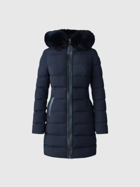 MACKAGE CALLA Agile-360 stretch light down coat with blue fox fur collar
