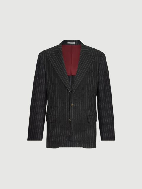 Brunello Cucinelli Virgin wool and cashmere chalk stripe flannel deconstructed blazer with large peak lapels and metal