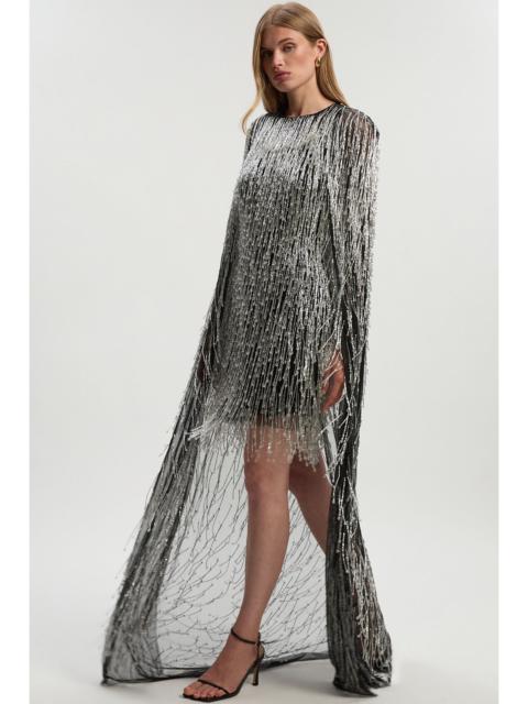 KAREN MILLEN Embellished Fringe Caped Woven Mini Dress