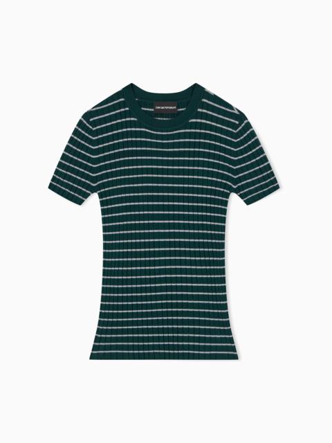EMPORIO ARMANI CREWNECK SWEATER WITH SHORT SLEEVES AND STRIPED RIB MOTIF