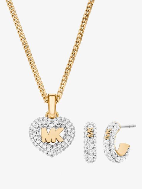 MICHAEL KORS Pavé Heart and Logo Necklace and Hoop Earrings Jewelry Gift Set