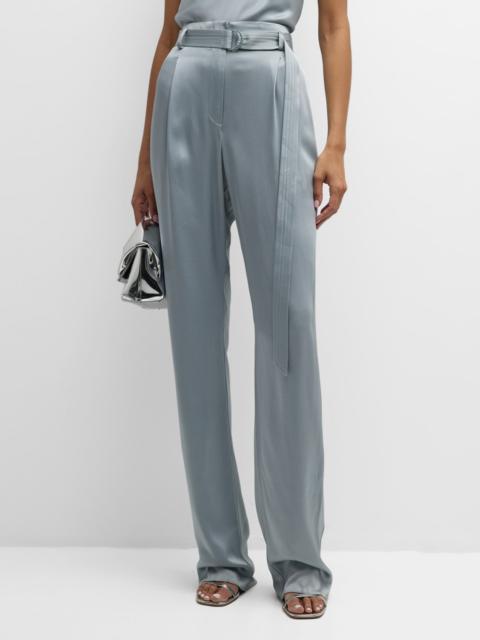 LAPOINTE High-Rise Belted Pleated Straight-Leg Doubleface Satin Pants