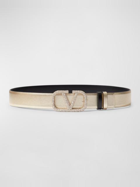 Valentino V-Logo Signature Reversible Crystal & Leather Belt