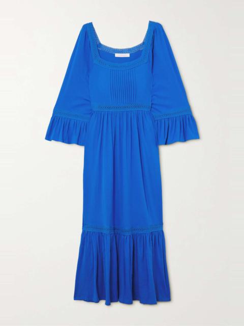 Tiered lace-trimmed cotton maxi dress