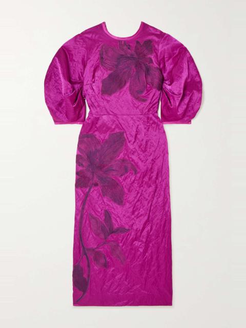 Sandrine bow-detailed appliquéd textured-satin midi dress