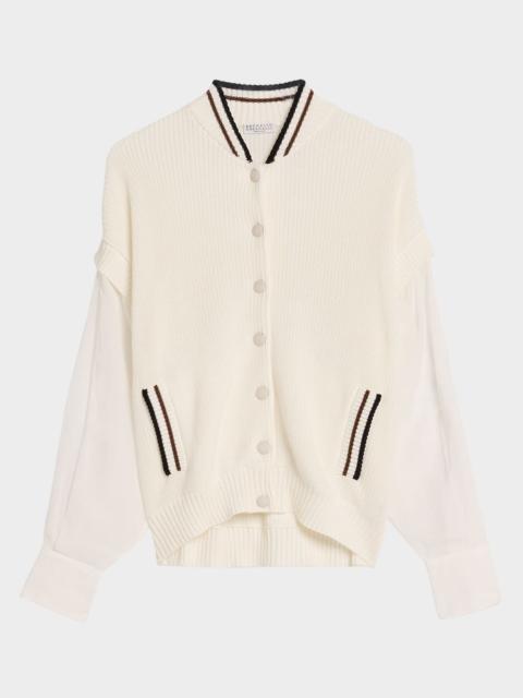 Brunello Cucinelli Organza-Sleeves English Rib Varsity Cardigan