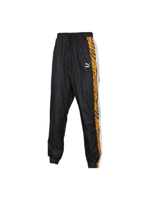 PUMA Leopard print Splicing Running Sports Woven Long Pants Black 579511-21