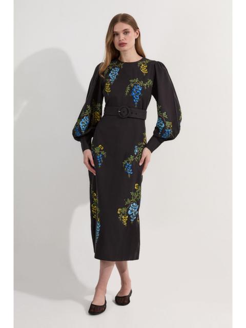 KAREN MILLEN Floral Embroidered Cotton Linen Woven Midi Dress