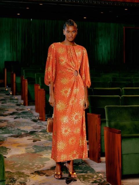 FARM RIO Orange Sunny Mood Sequin Cut Out Midi Dress