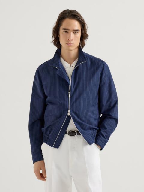 Brunello Cucinelli Wool and mohair pinstripe fresco outerwear jacket with stand collar