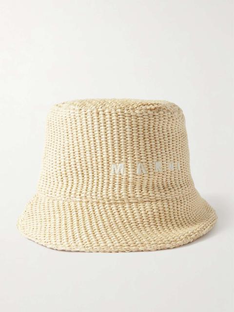 Embroidered faux raffia bucket hat