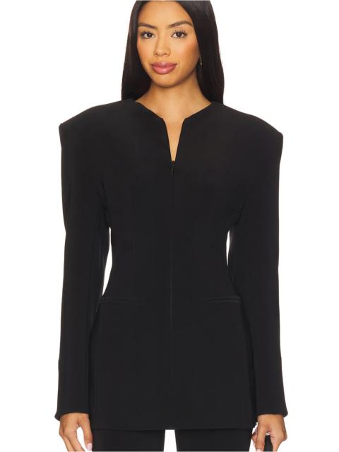 NORMA KAMALI Long Sleeve Shoulder Pad V Neck Zip Front Jacket
