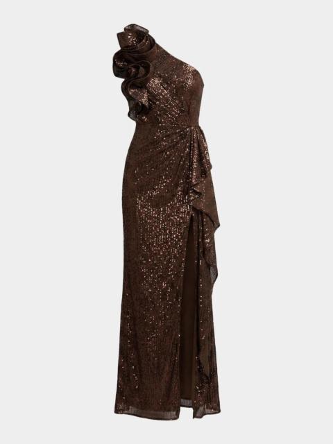 MAC DUGGAL One-Shoulder Sequined Column Gown